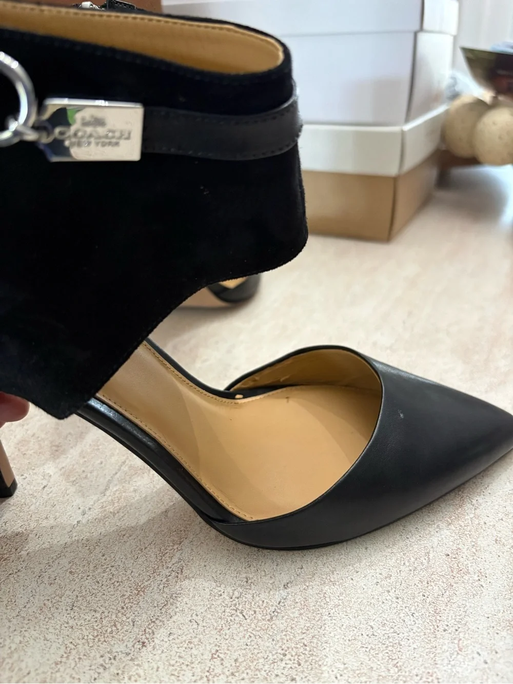Coach Black Leather & Suede Ankle-Strap Stiletto Pumps